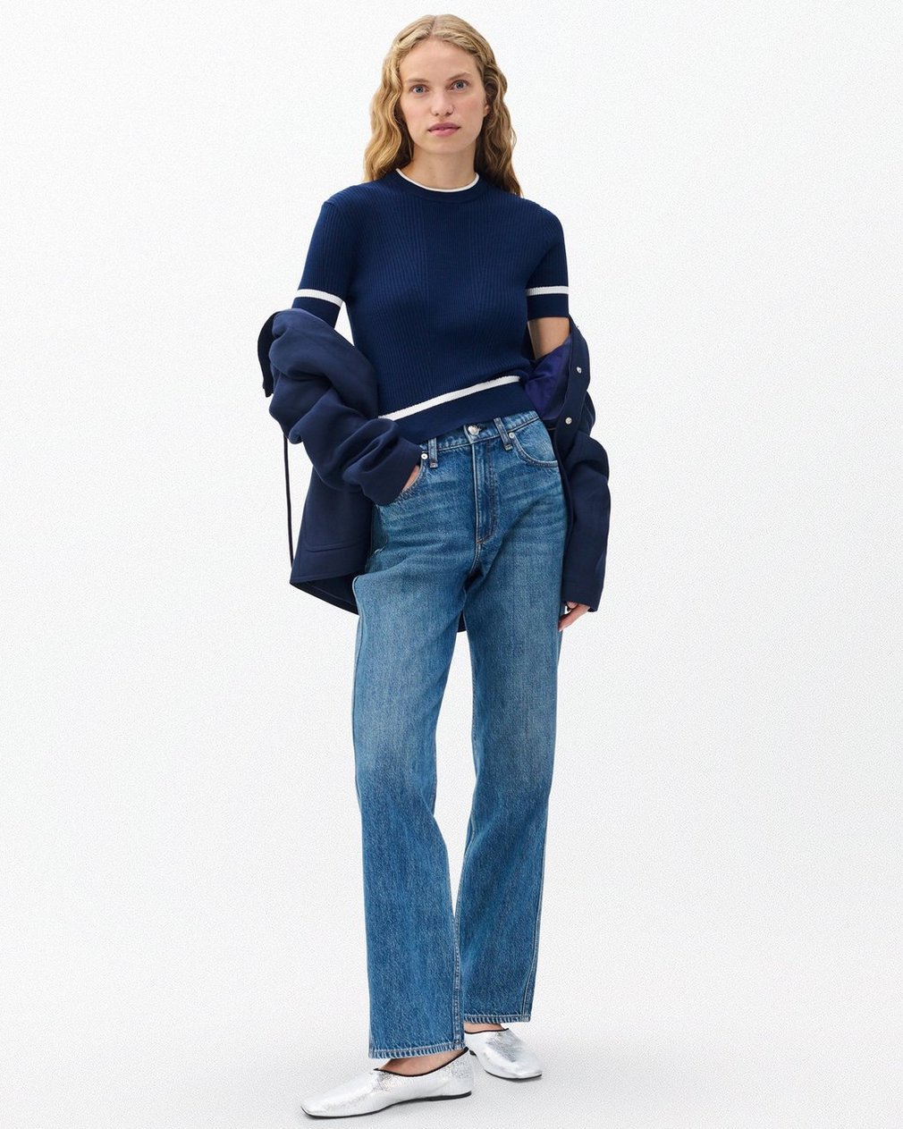 Kassy Ribbed Short-Sleeve Sweater Navy - Image 3