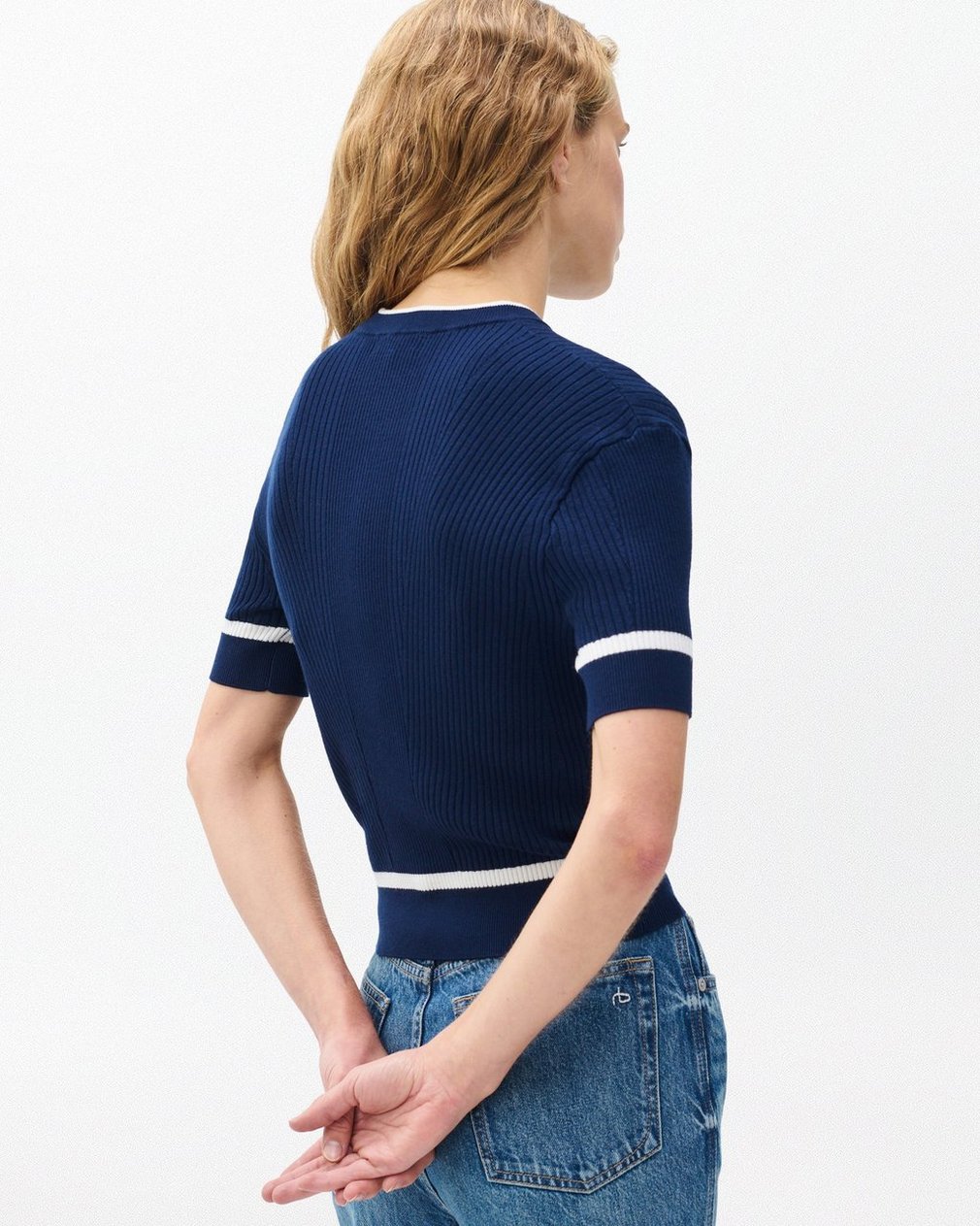Kassy Ribbed Short-Sleeve Sweater Navy - Image 5