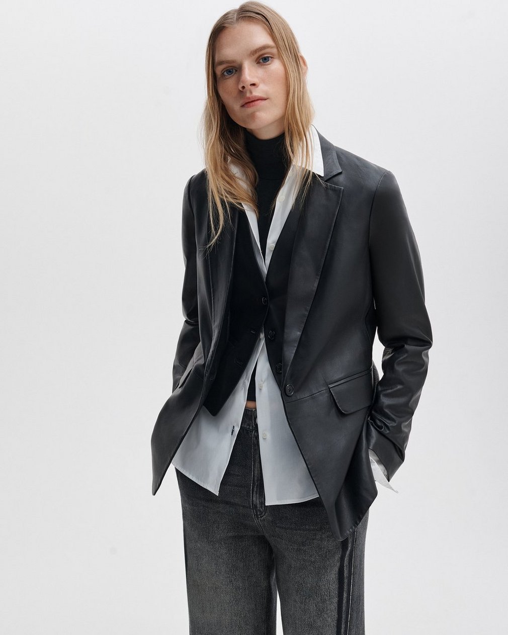Jennifer Leather Two-in-One Blazer Black - Image 5