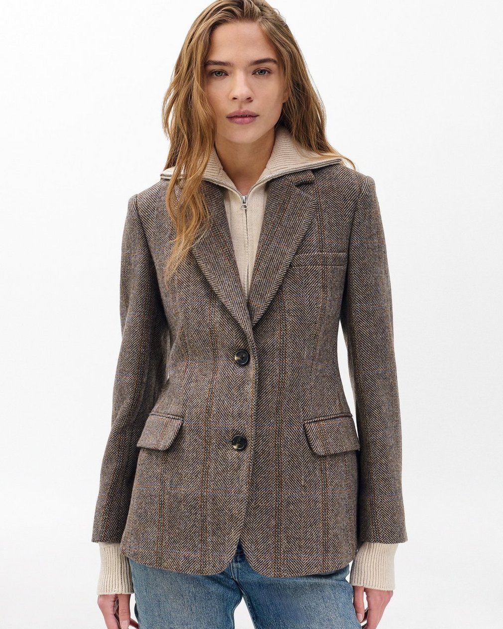 Frank Mixed-Media Plaid Blazer Brown Multi