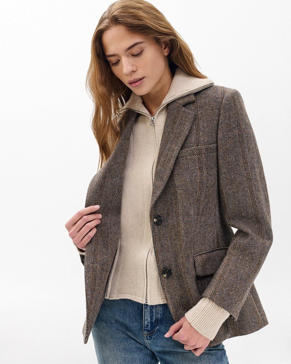 Frank Mixed-Media Plaid Blazer Brown Multi - Image 4