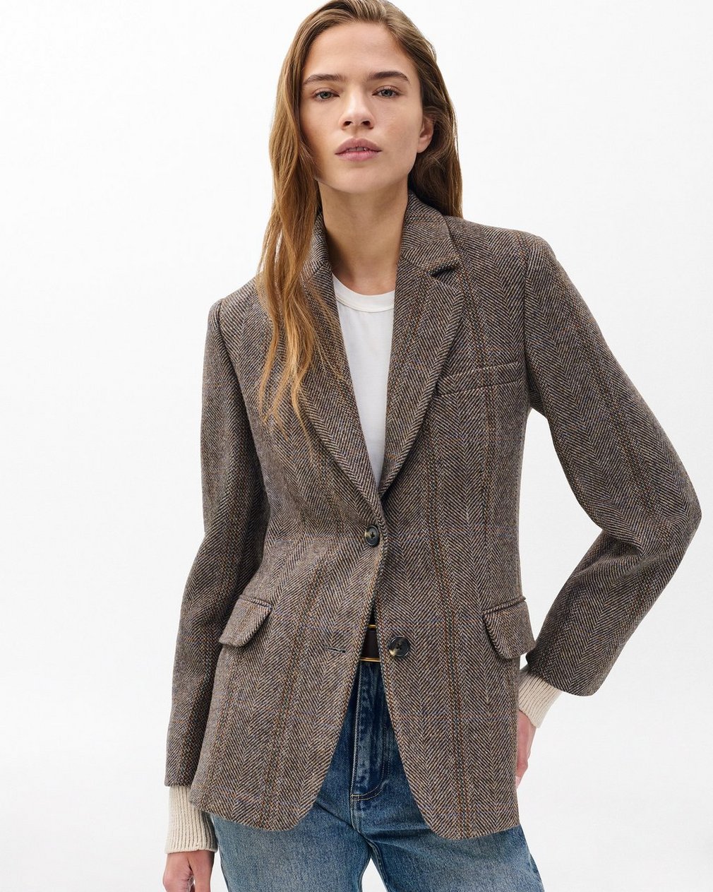 Frank Mixed-Media Plaid Blazer Brown Multi - Image 5