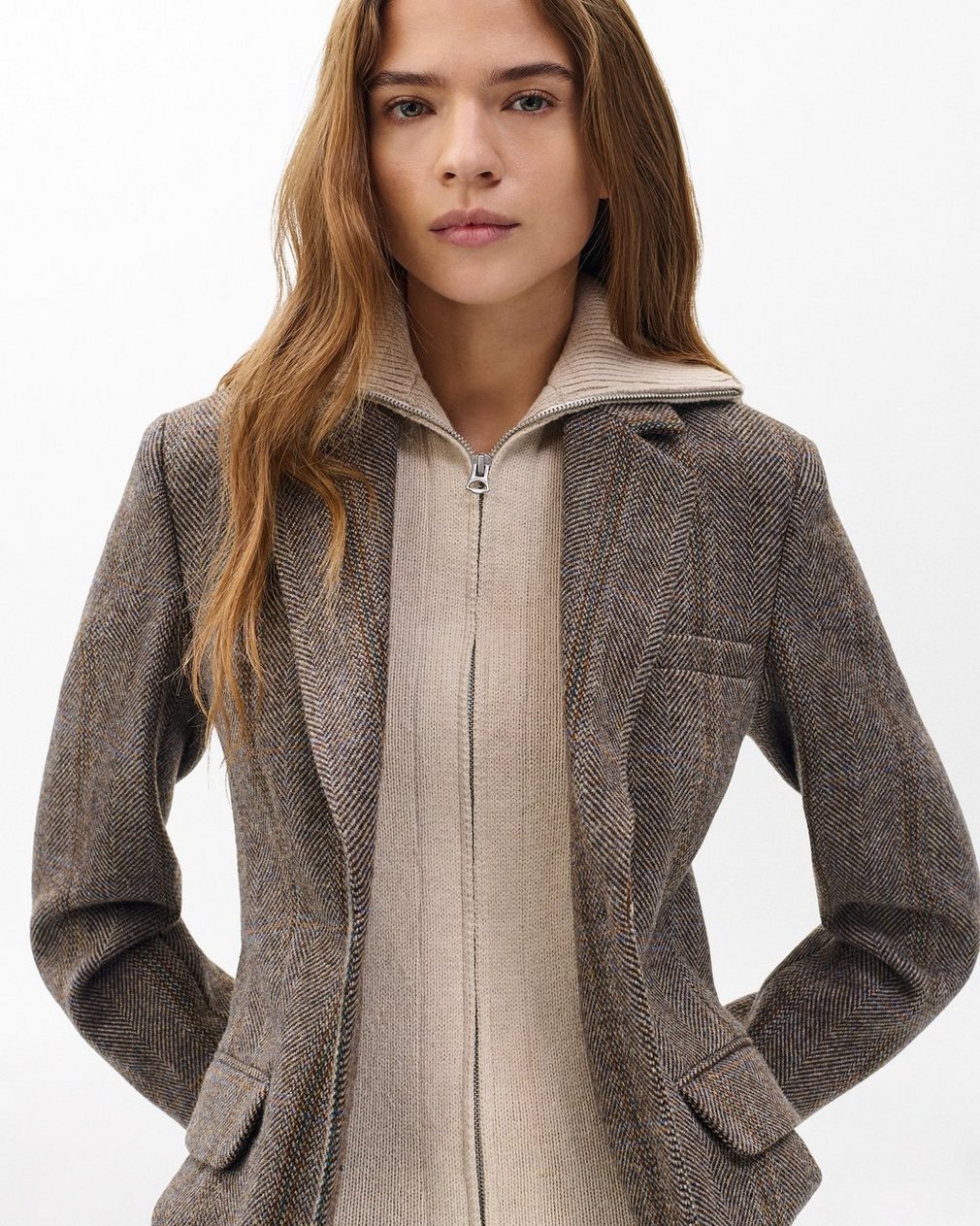 Frank Mixed-Media Plaid Blazer Brown Multi - Image 6