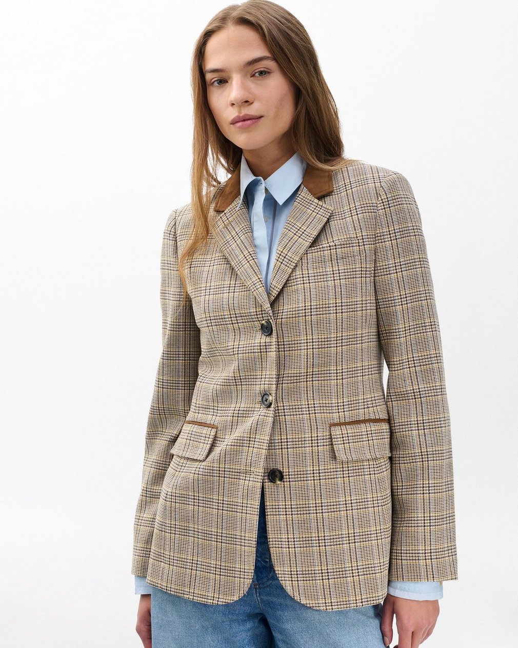 Evia Plaid Blazer Tan Multi