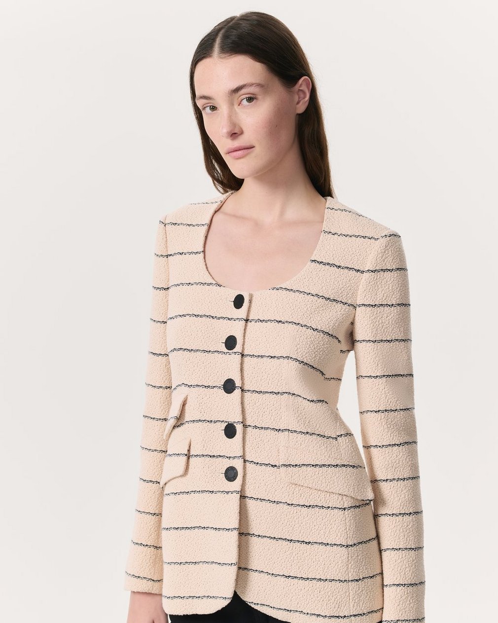 Roslyn Cotton Tweed Scoop-Neck Blazer Cream - Image 3