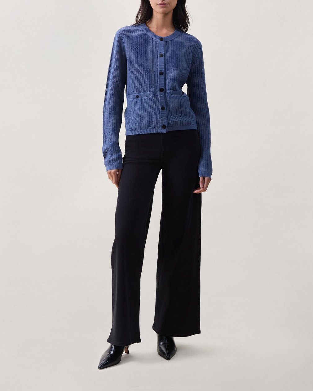 Vivi Open-Knit Cardigan Worn Indigo