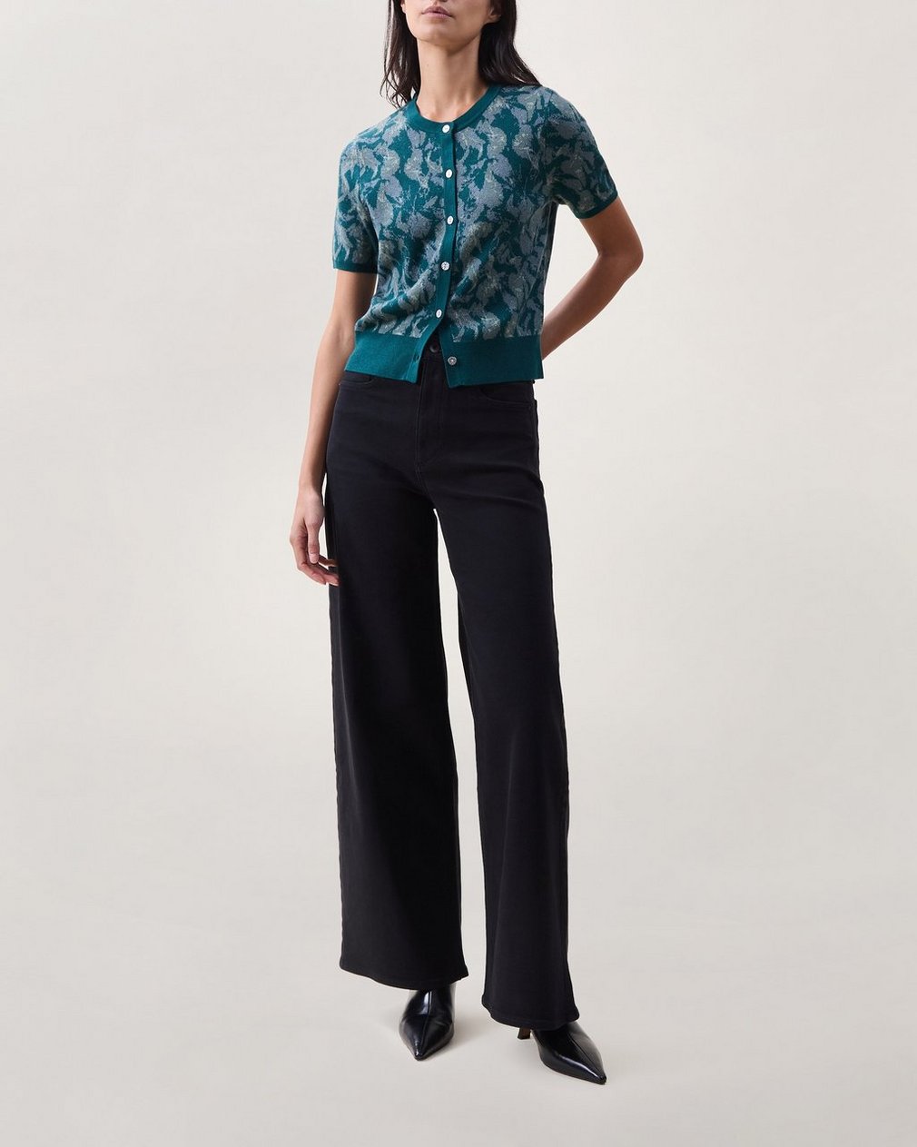 Michal Jacquard Short-Sleeve Cardigan Teal Petal Multi