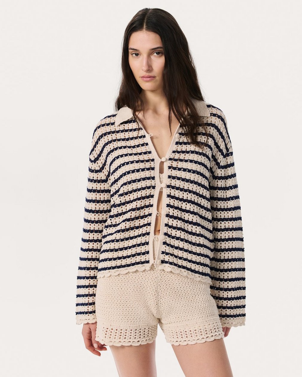 Khloe Striped Open-Knit Cardigan Ivory