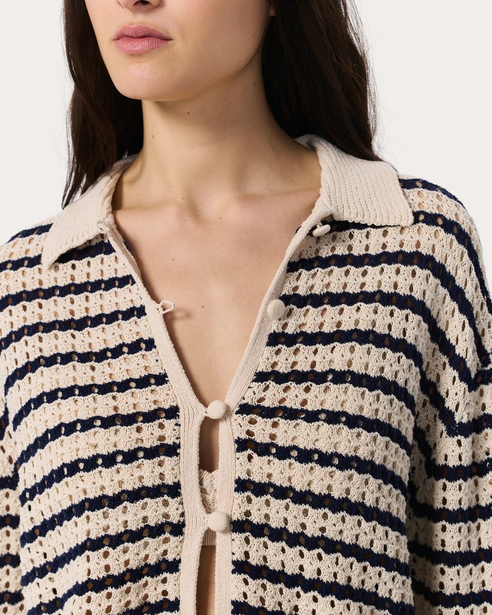 Khloe Striped Open-Knit Cardigan Ivory - Image 4