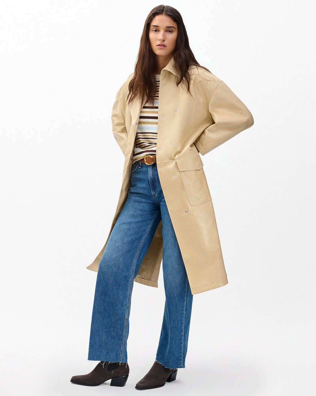 Rue Lamb Leather Trench Coat Tan