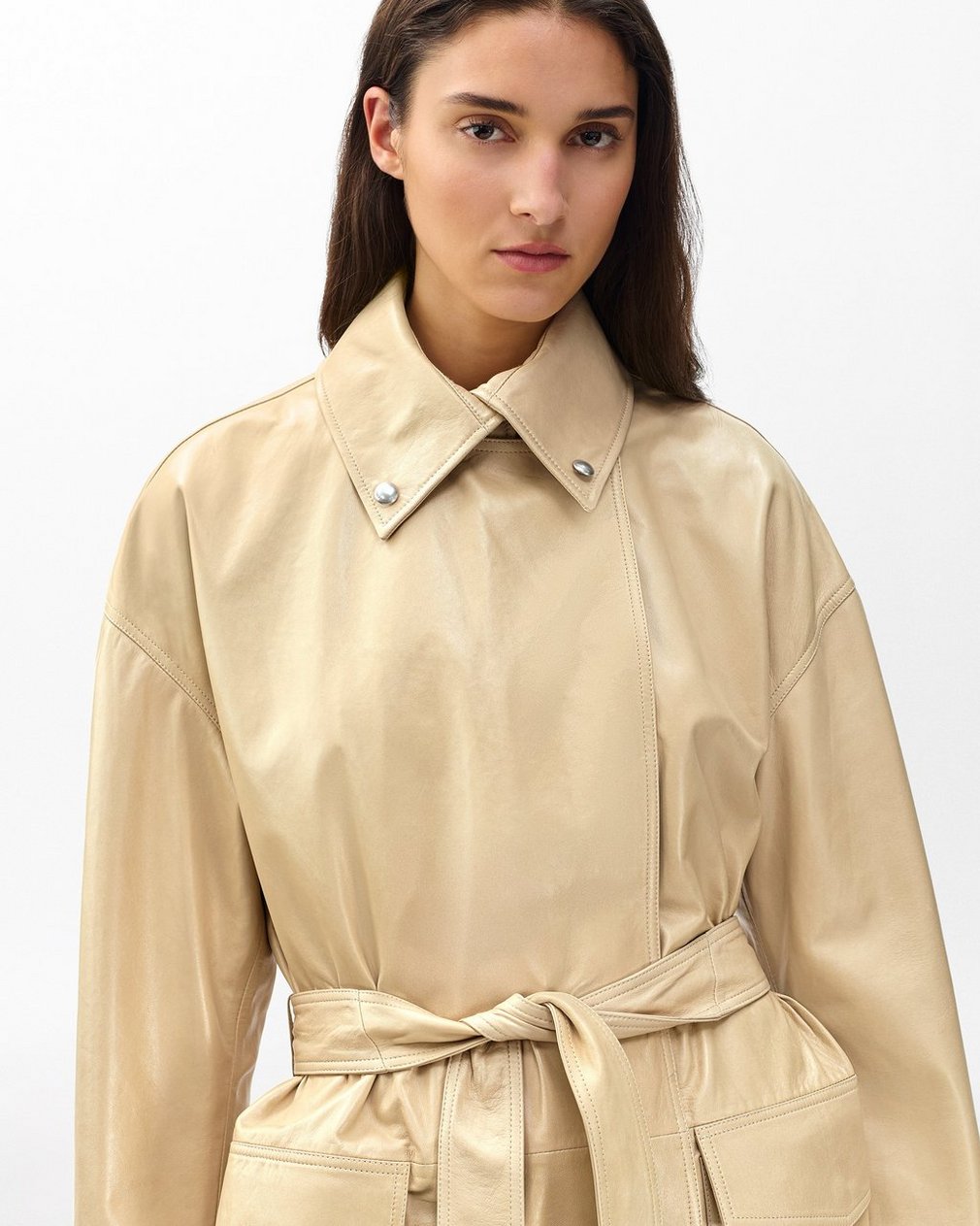 Rue Lamb Leather Trench Coat Tan - Image 4