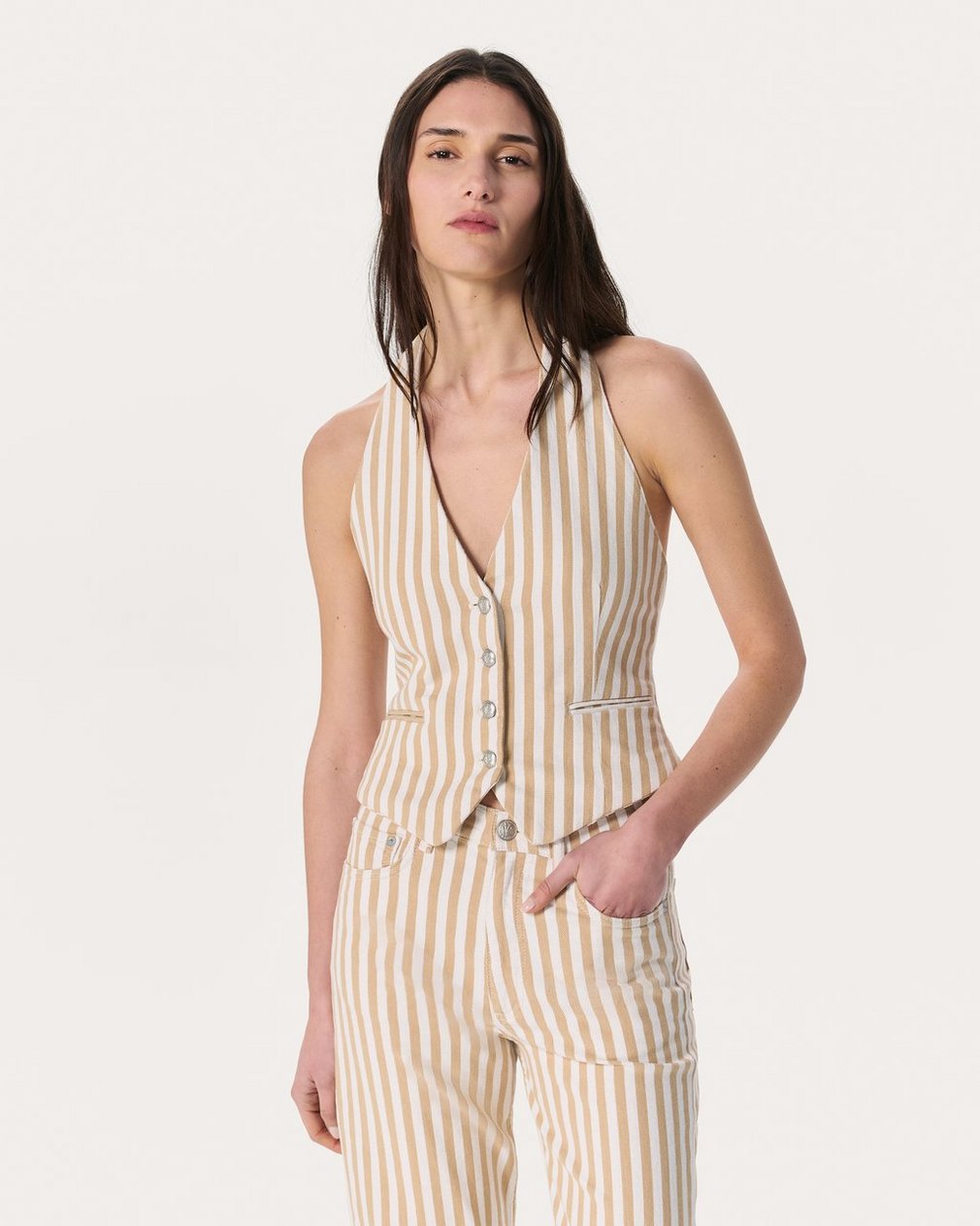 Ethel Striped Denim Vest Tan Stripe