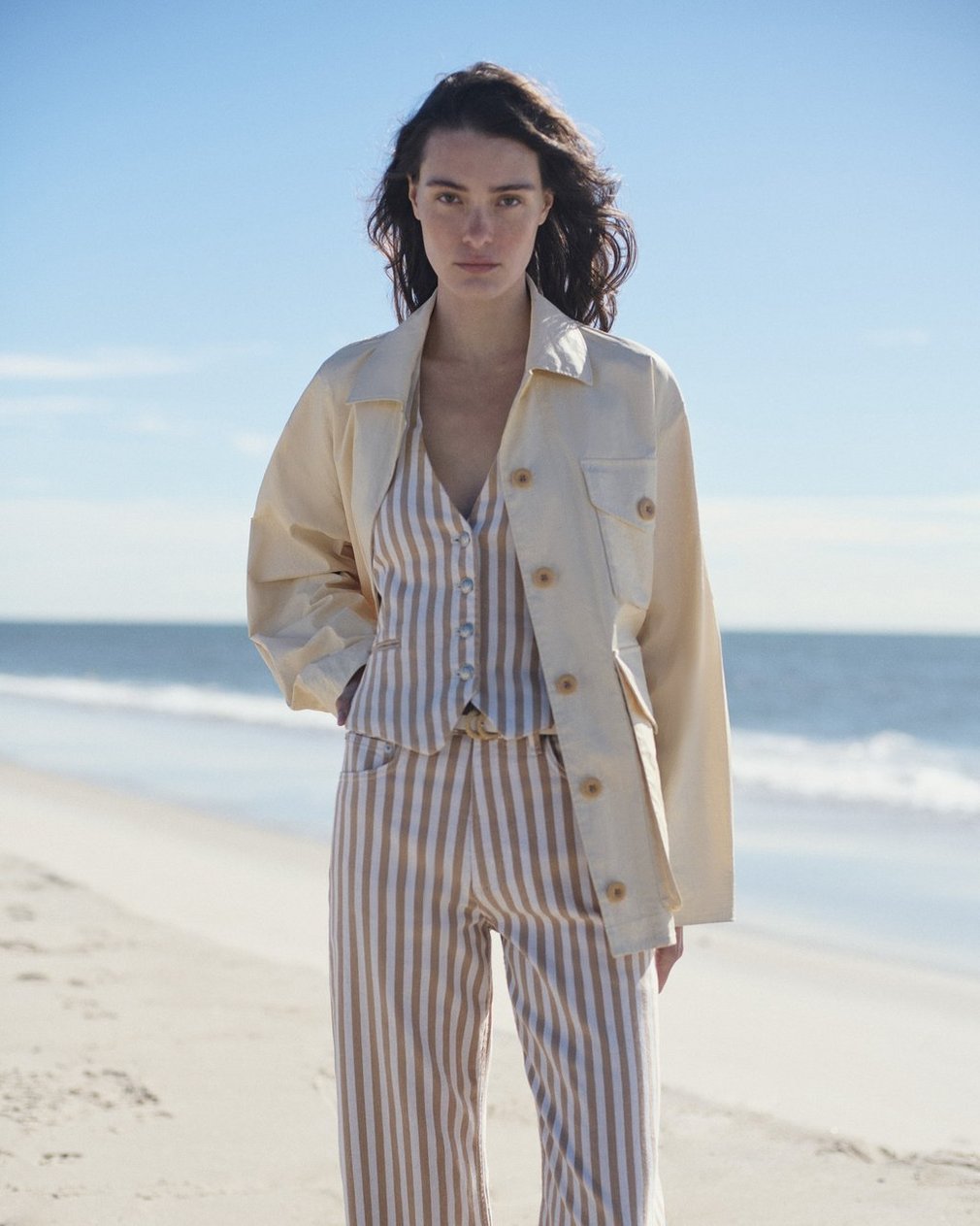Ethel Striped Denim Vest Tan Stripe - Image 8