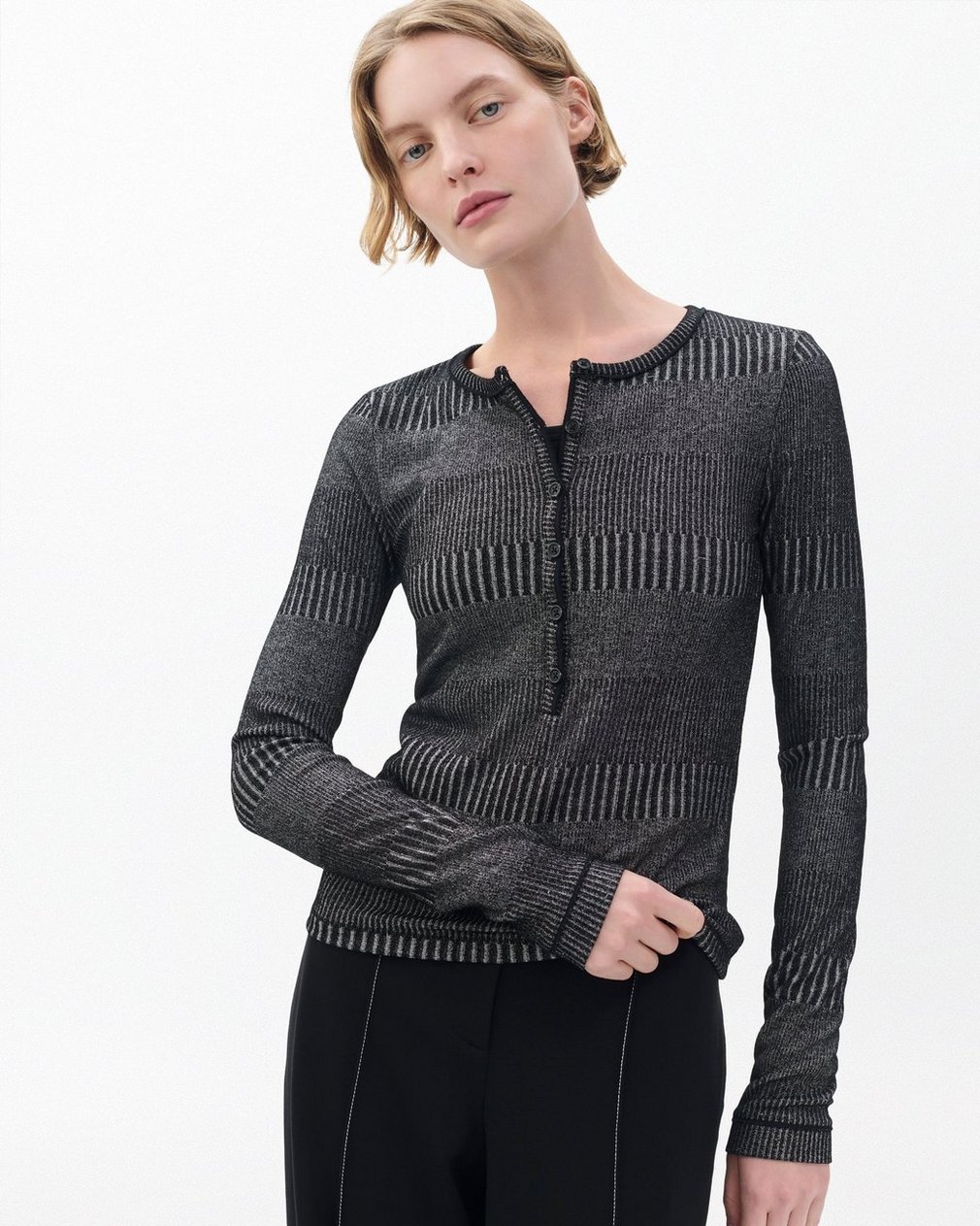 The Knit Striped Ribbed Henley Black White Multi