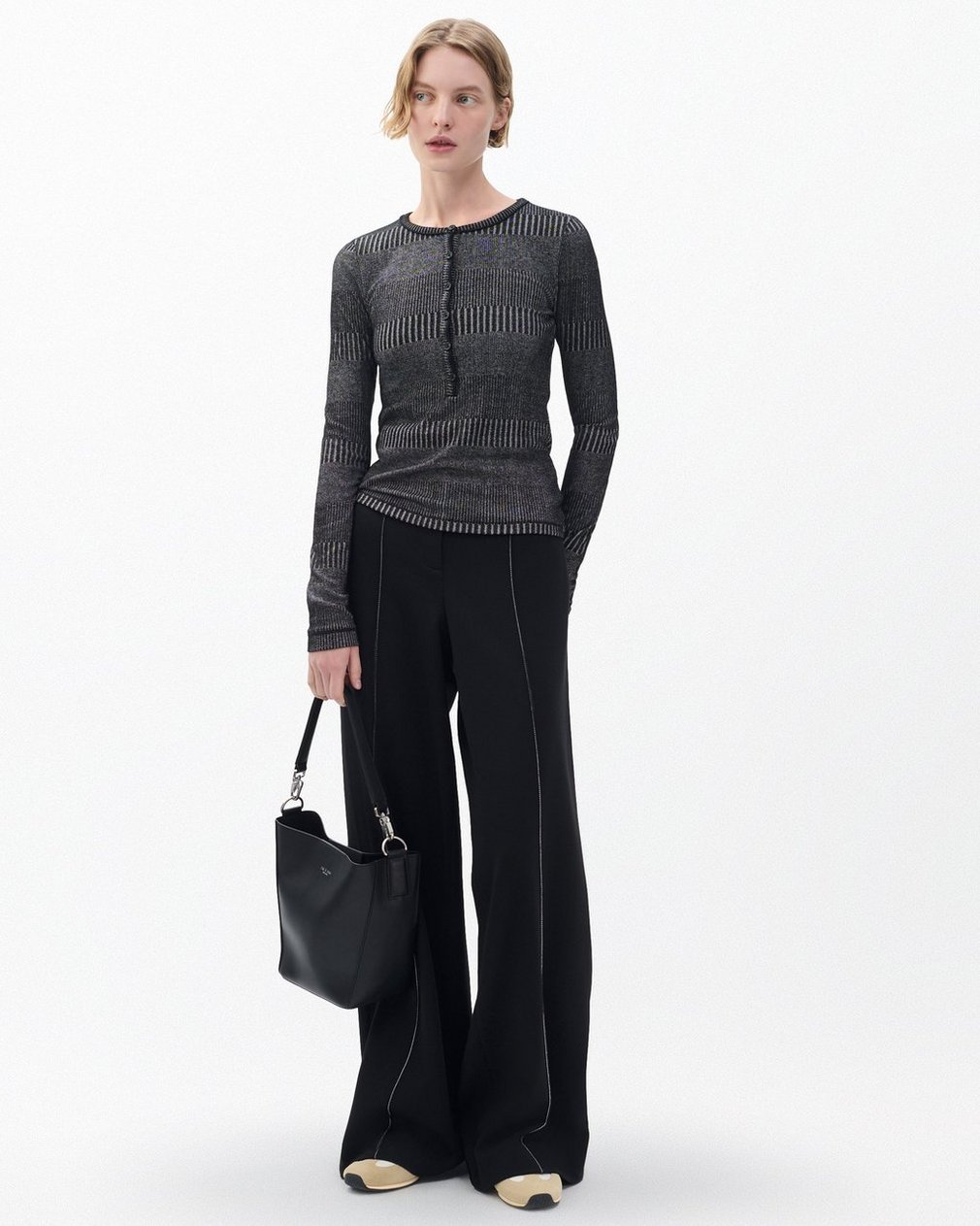 The Knit Striped Ribbed Henley Black White Multi - Image 3