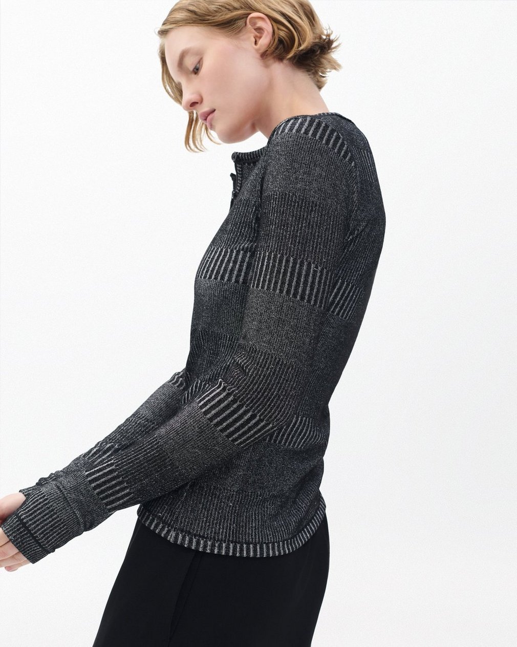 The Knit Striped Ribbed Henley Black White Multi - Image 5