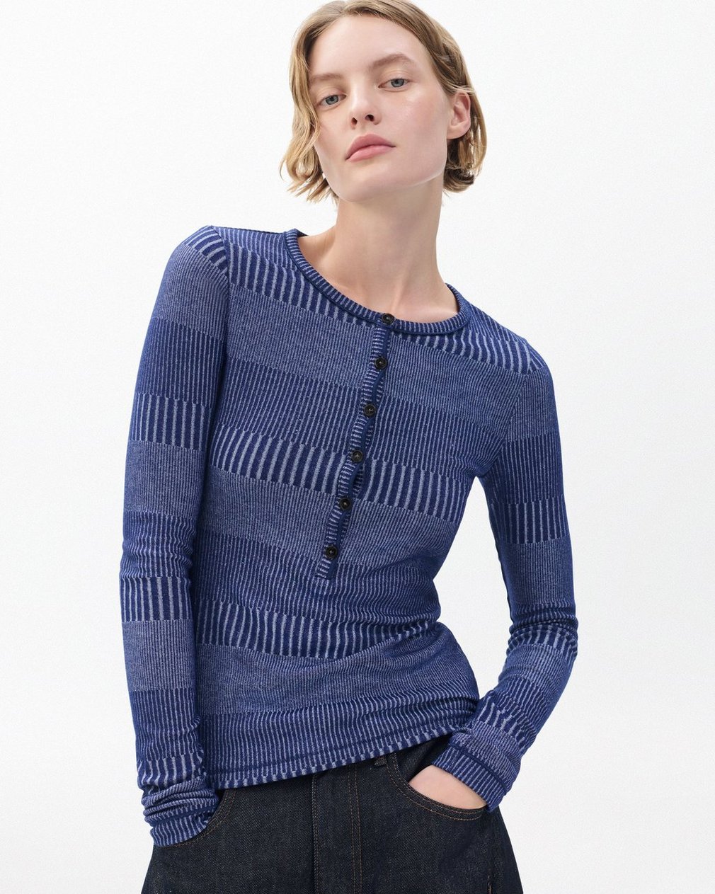 The Knit Striped Ribbed Henley Sky Blue Multi