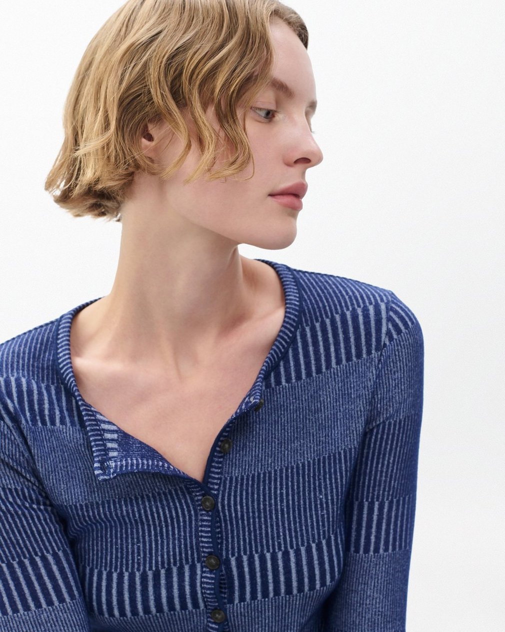 The Knit Striped Ribbed Henley Sky Blue Multi - Image 3