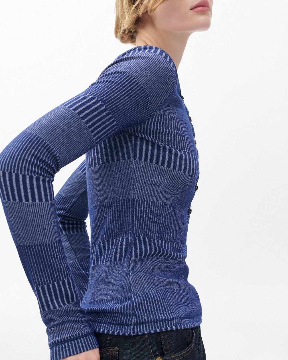 The Knit Striped Ribbed Henley Sky Blue Multi - Image 4