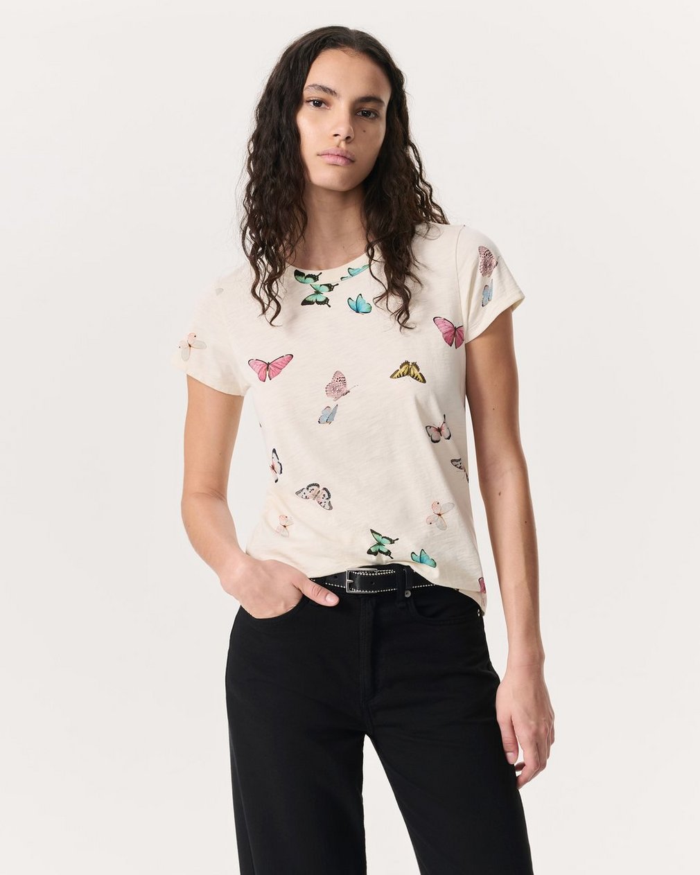 Butterfly Printed Cotton T-Shirt Ivory Multi