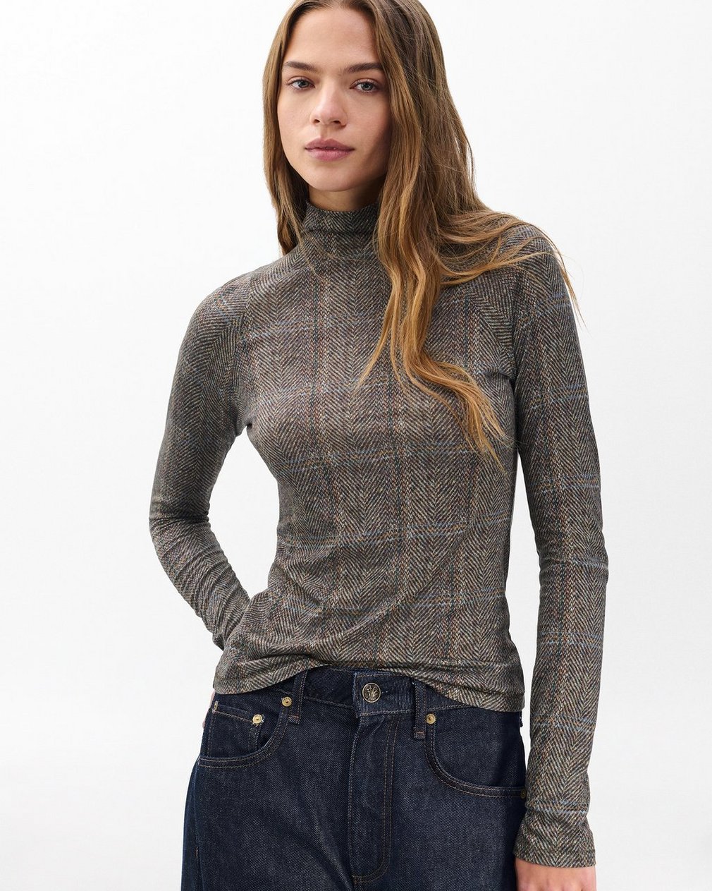 Shaw Plaid Turtleneck T Shirt Brown Multi