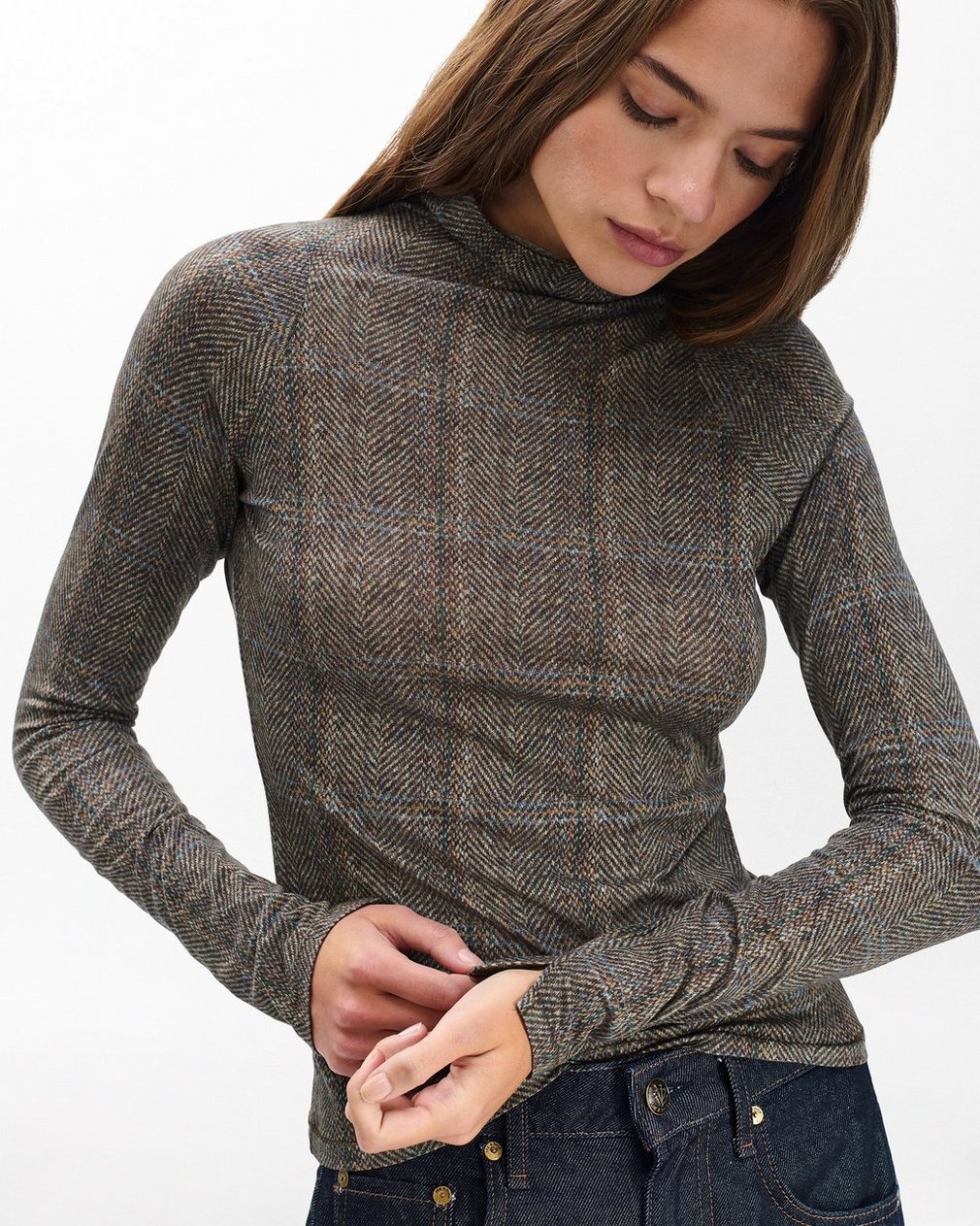 Shaw Plaid Turtleneck T Shirt Brown Multi - Image 4
