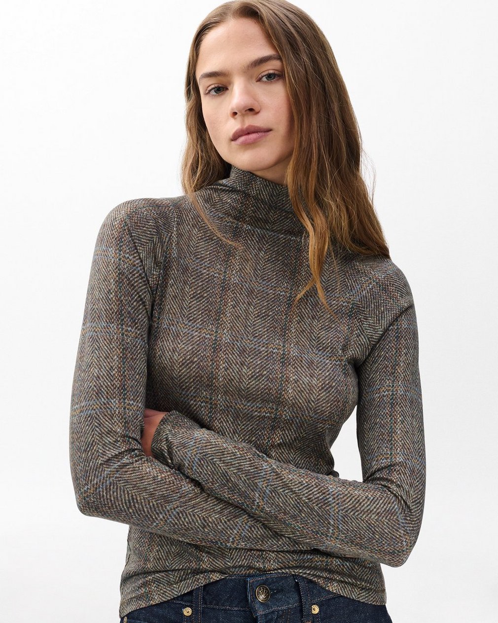 Shaw Plaid Turtleneck T Shirt Brown Multi - Image 5