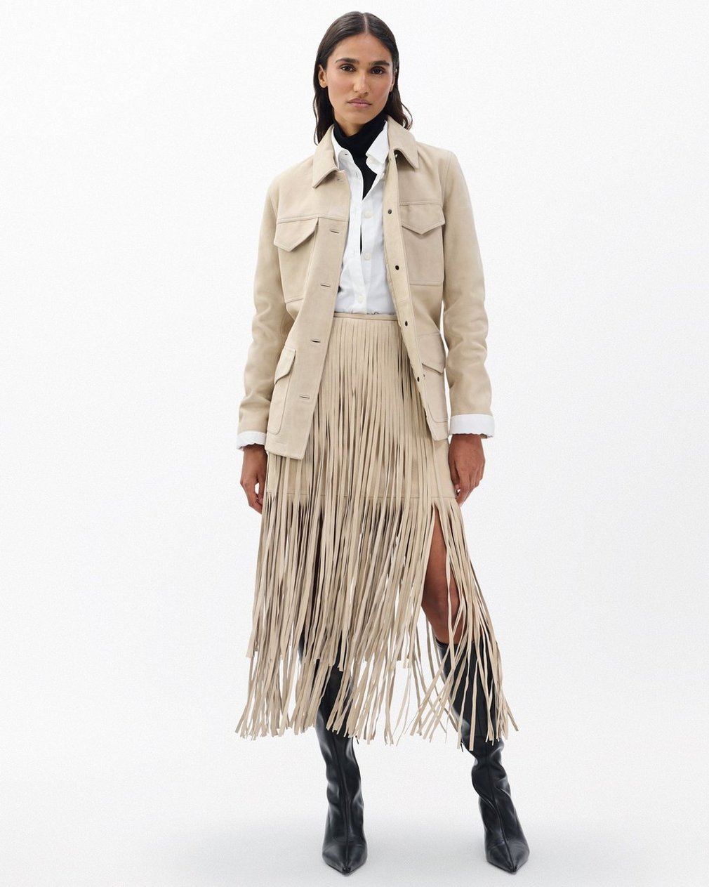 Jasmine Fringed Suede Skirt Stone