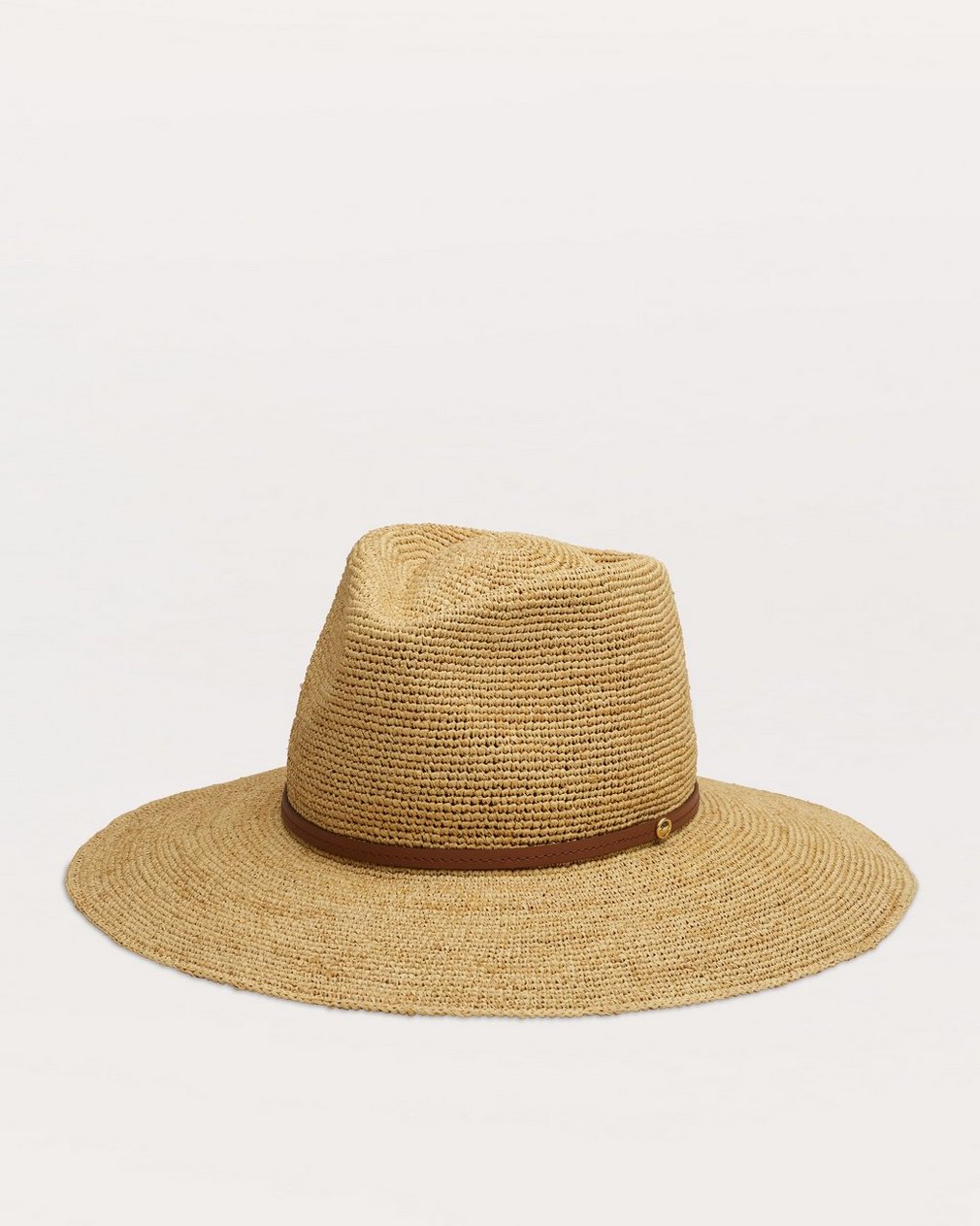 Leather-Trimmed Wide-Brim Raffia Hat Natural