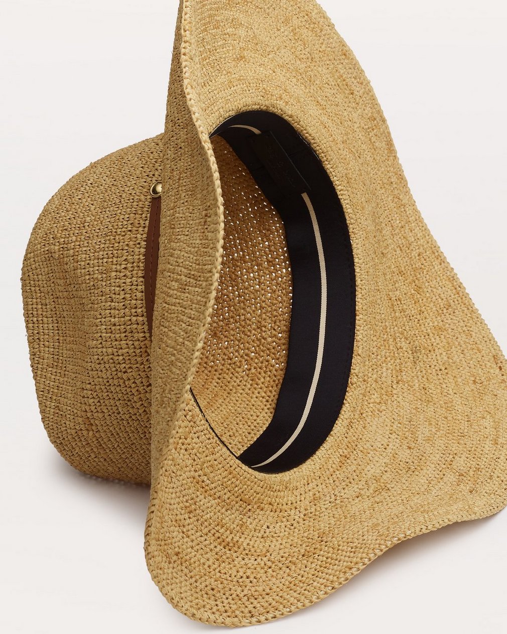 Leather-Trimmed Wide-Brim Raffia Hat Natural - Image 3
