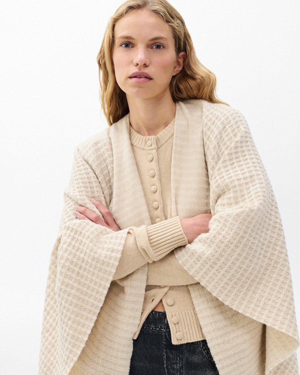 Joni Waffle-Knit Wool Poncho Oatmeal