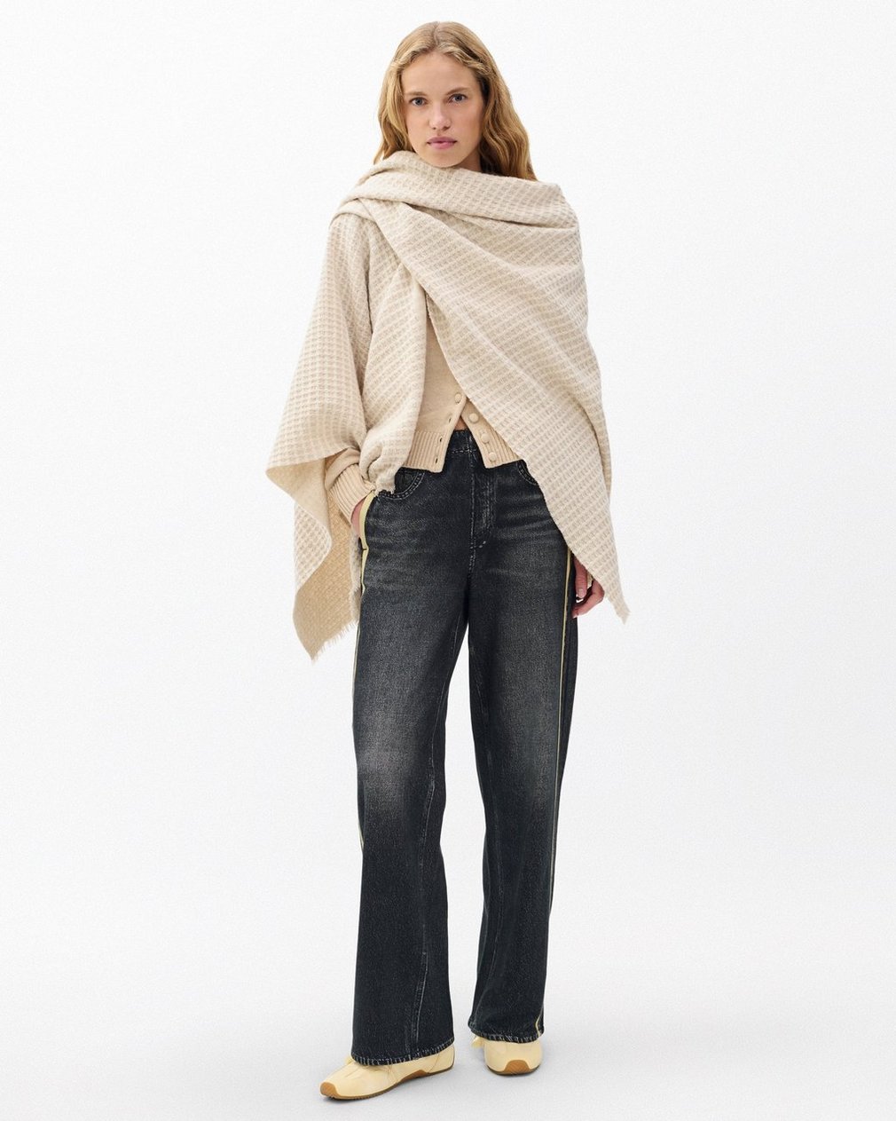 Joni Waffle-Knit Wool Poncho Oatmeal - Image 3