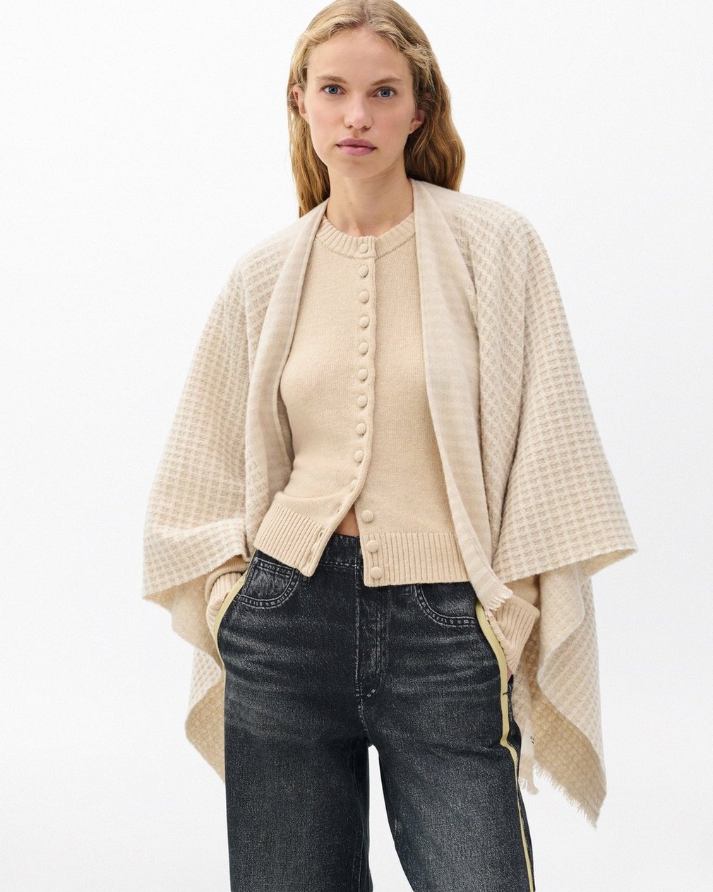 Joni Waffle-Knit Wool Poncho Oatmeal - Image 4