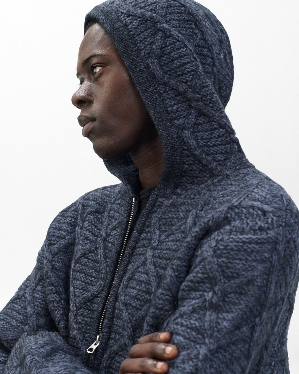 Cable-Knit Full-Zip Hoodie Navy Multi - Image 4