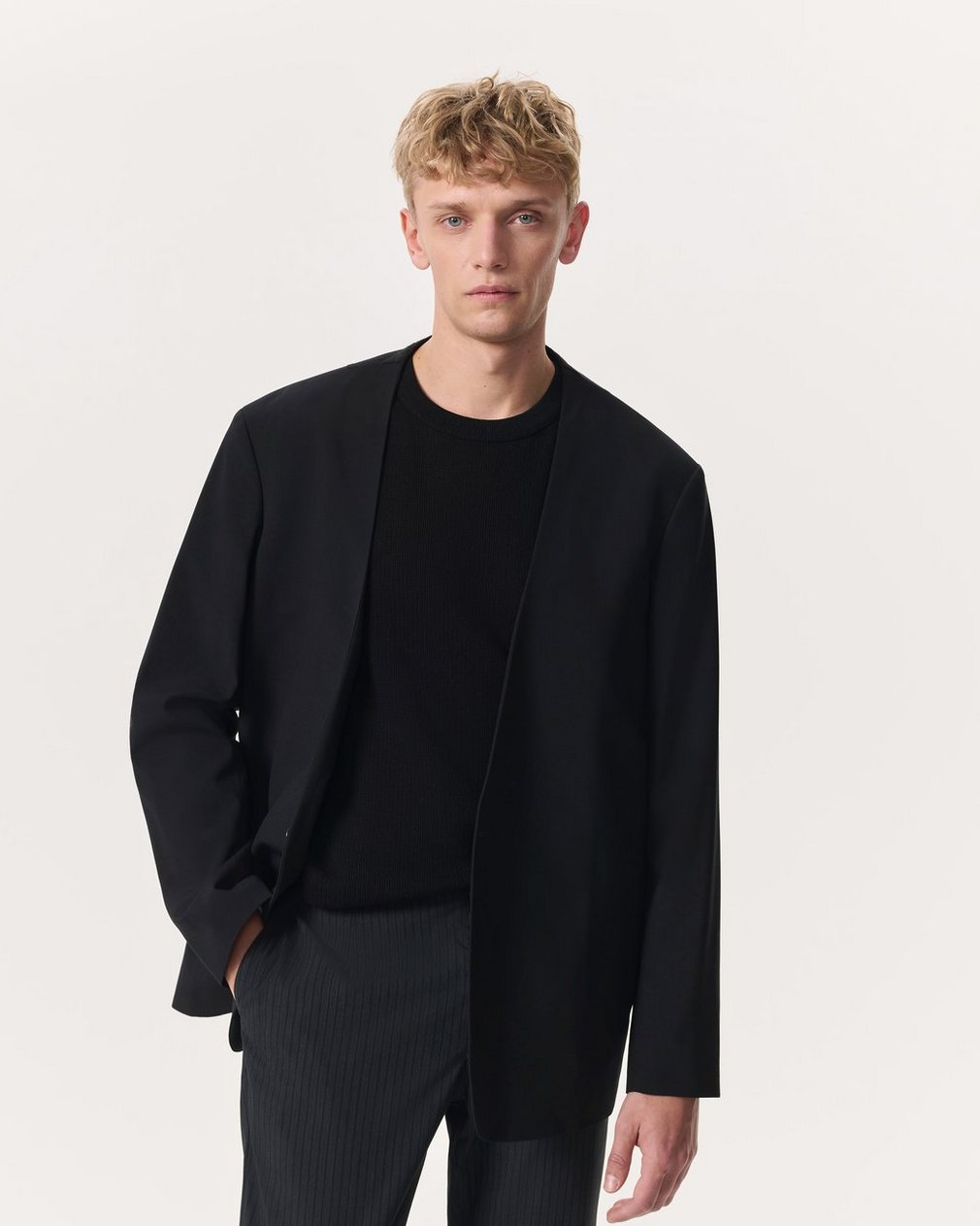 Collarless Wool-Blend Ripstop Blazer Black