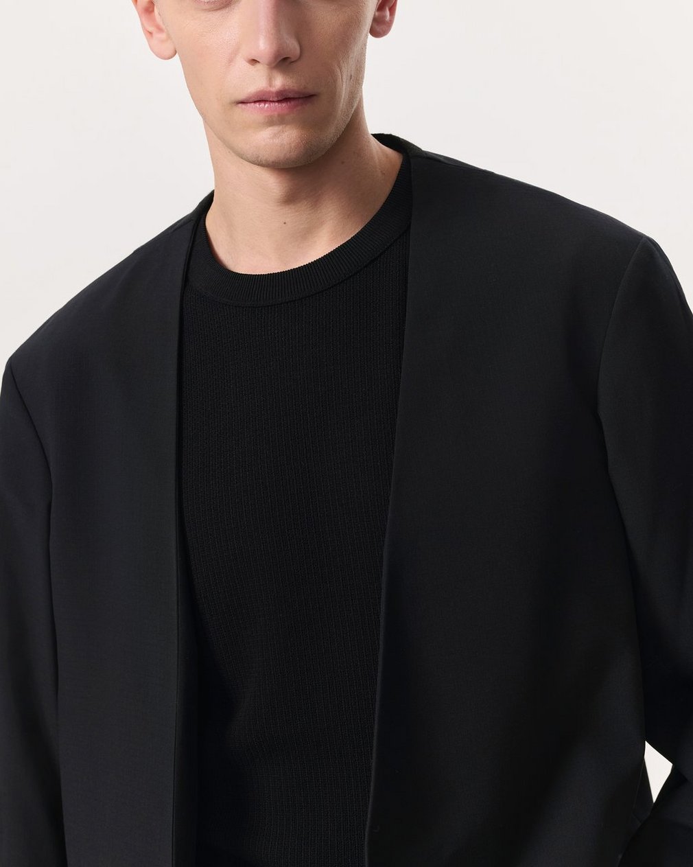 Collarless Wool-Blend Ripstop Blazer Black - Image 3