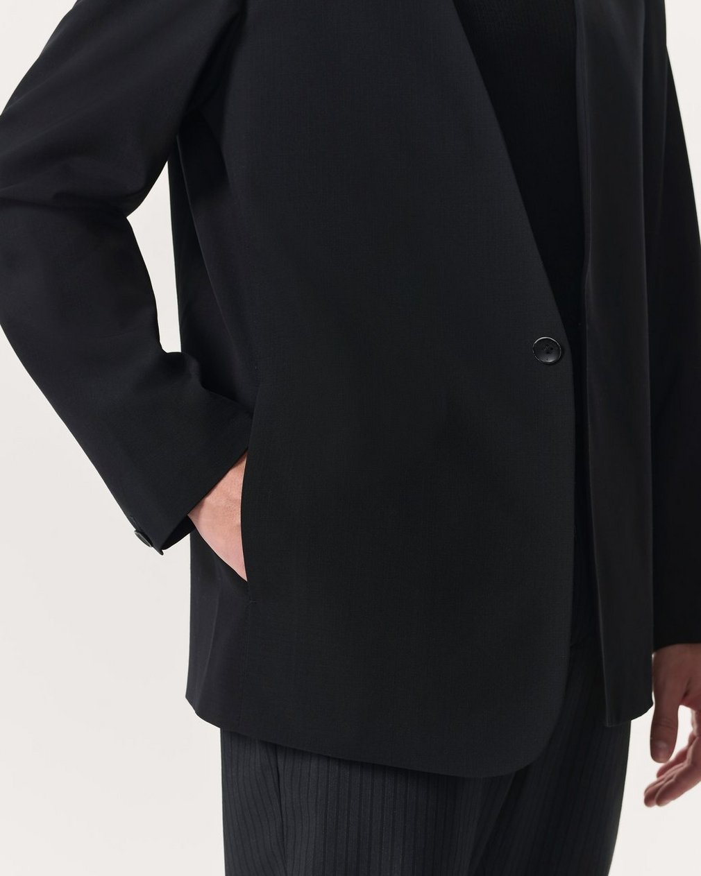 Collarless Wool-Blend Ripstop Blazer Black - Image 6